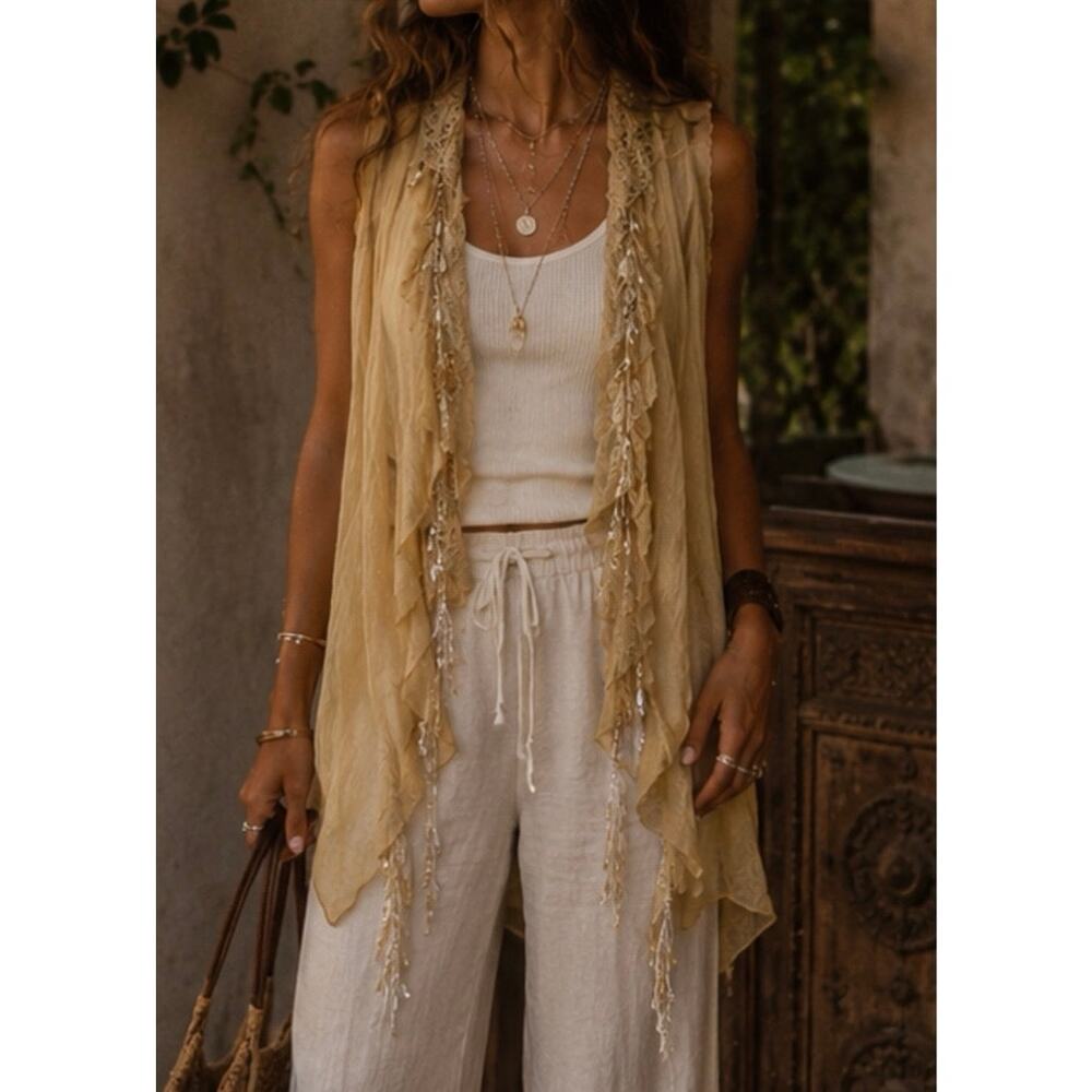 Vtg Pretty Angel L 55% Silk Ruffle Romantic Boho Festival Vest Antiqued Cream